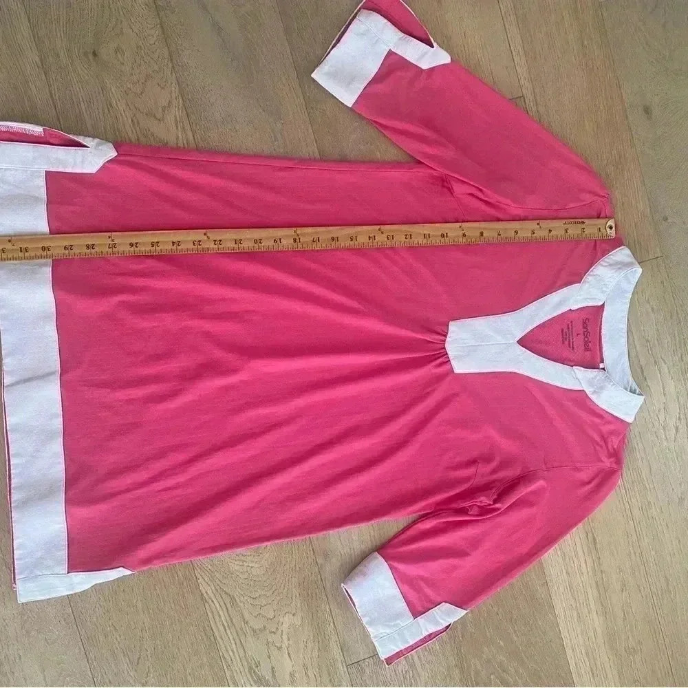 SanSoleil Women's UPF 50 Mini Dress Tunic V-Neck Pink white trim large - Picture 2 of 4